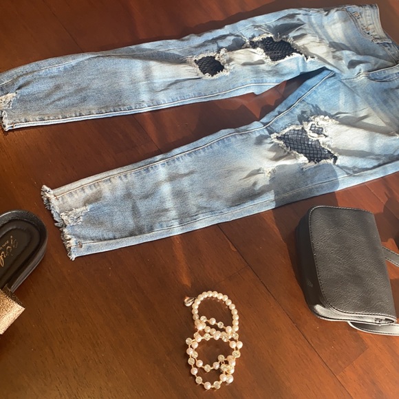 Stylish Revamped ripped jeans with net patchwork💜 - Picture 7 of 16